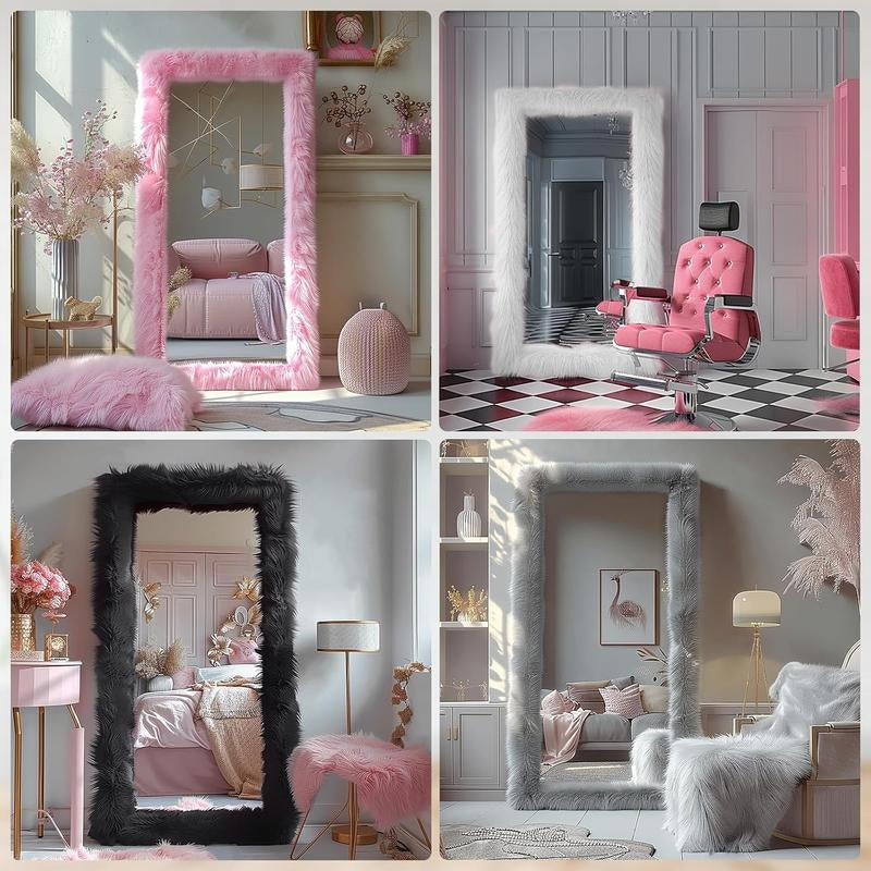 Full Length Mirror 63"X24" Free Standing Furry Floor Mirror Chic Pink Faux Fur Framed Wall Mounted Full Body Mirror Leaning Hanging Wall Mirror for Bedroom Entrance