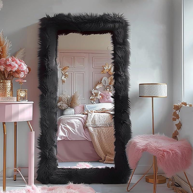 Full Length Mirror 63"X24" Free Standing Furry Floor Mirror Chic Pink Faux Fur Framed Wall Mounted Full Body Mirror Leaning Hanging Wall Mirror for Bedroom Entrance