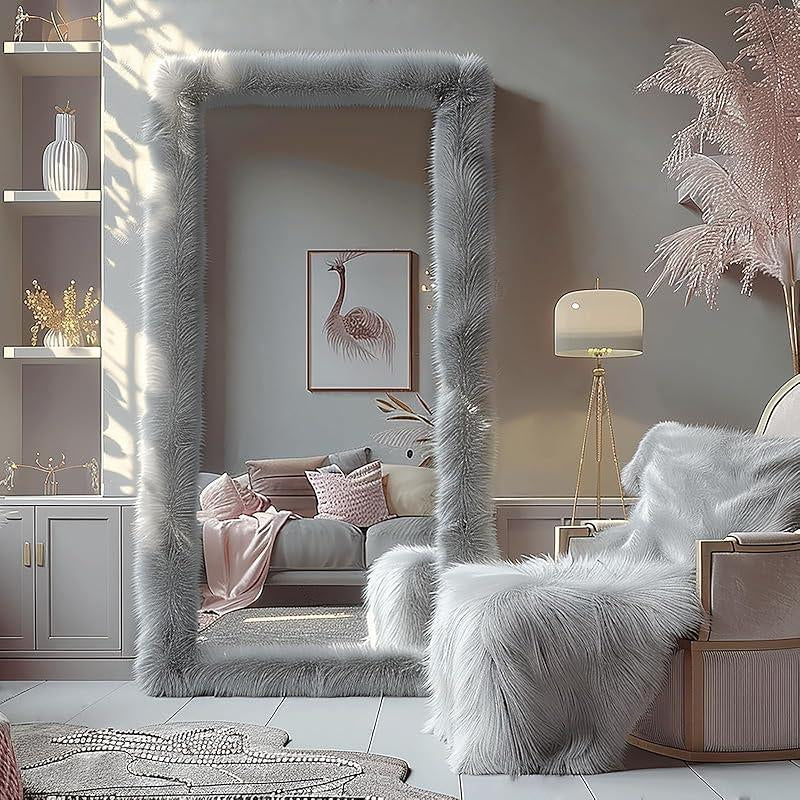 Full Length Mirror 63"X24" Free Standing Furry Floor Mirror Chic Pink Faux Fur Framed Wall Mounted Full Body Mirror Leaning Hanging Wall Mirror for Bedroom Entrance