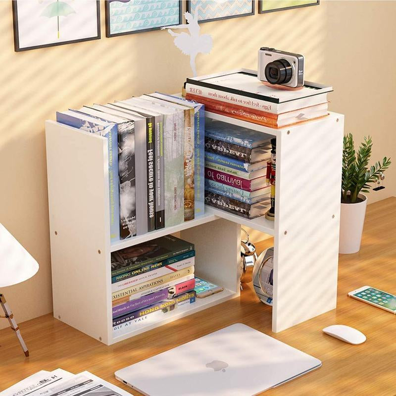 Expandable Desktop Bookshelf & Desk Organizer Shelf - Wooden Table Top Storage with Adjustable Shelves Hutch for Office Home Study Accessories