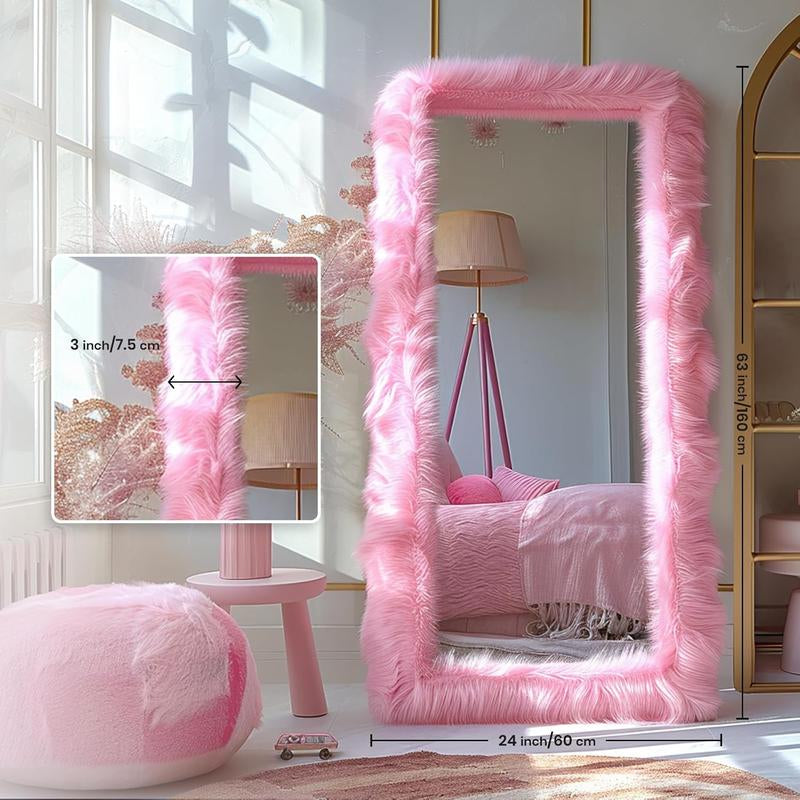 Full Length Mirror 63"X24" Free Standing Furry Floor Mirror Chic Pink Faux Fur Framed Wall Mounted Full Body Mirror Leaning Hanging Wall Mirror for Bedroom Entrance