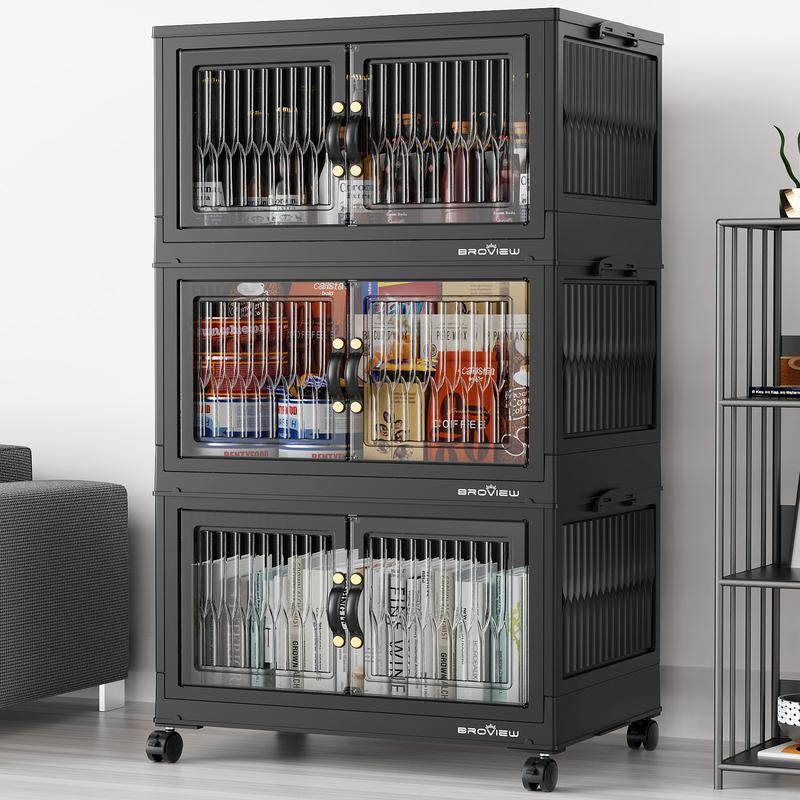 Broview Storage Bins with Lid, Stackable Storage Bins with Lids,Extra Large Closet Organizer Collapsible Drawer Boxes with Wheels, Folding Plastic Cabinet Containers for Home Kitchen Room Organization
