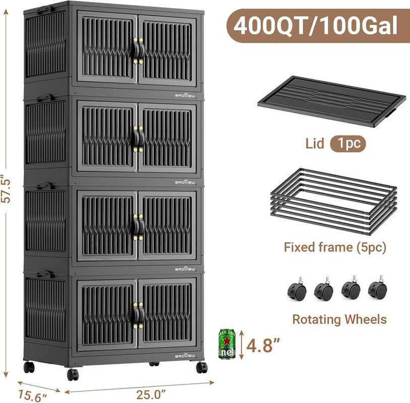 Broview Storage Bins with Lid, Stackable Storage Bins with Lids,Extra Large Closet Organizer Collapsible Drawer Boxes with Wheels, Folding Plastic Cabinet Containers for Home Kitchen Room Organization