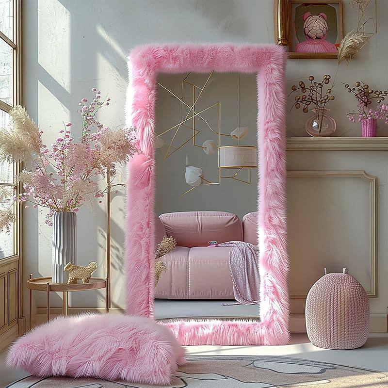Full Length Mirror 63"X24" Free Standing Furry Floor Mirror Chic Pink Faux Fur Framed Wall Mounted Full Body Mirror Leaning Hanging Wall Mirror for Bedroom Entrance