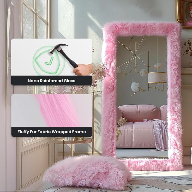 Full Length Mirror 63"X24" Free Standing Furry Floor Mirror Chic Pink Faux Fur Framed Wall Mounted Full Body Mirror Leaning Hanging Wall Mirror for Bedroom Entrance