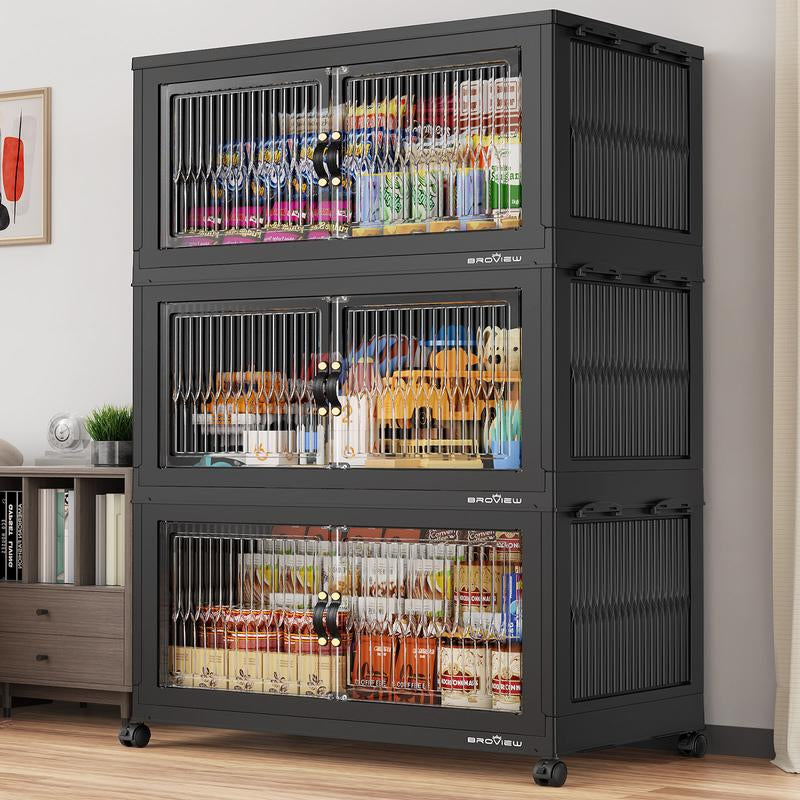 Broview Storage Bins with Lid, Stackable Storage Bins with Lids,Extra Large Closet Organizer Collapsible Drawer Boxes with Wheels, Folding Plastic Cabinet Containers for Home Kitchen Room Organization