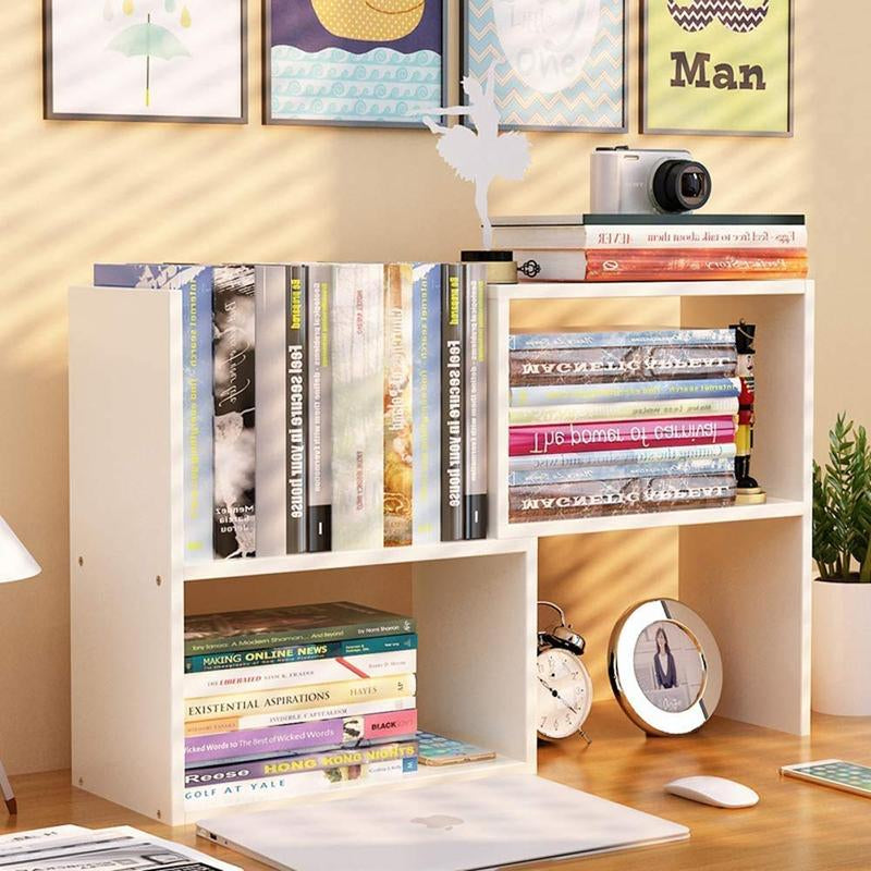 Expandable Desktop Bookshelf & Desk Organizer Shelf - Wooden Table Top Storage with Adjustable Shelves Hutch for Office Home Study Accessories