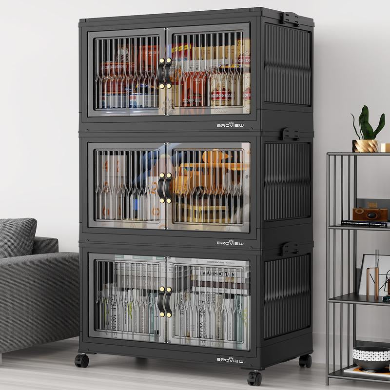 Broview Storage Bins with Lid, Stackable Storage Bins with Lids,Extra Large Closet Organizer Collapsible Drawer Boxes with Wheels, Folding Plastic Cabinet Containers for Home Kitchen Room Organization