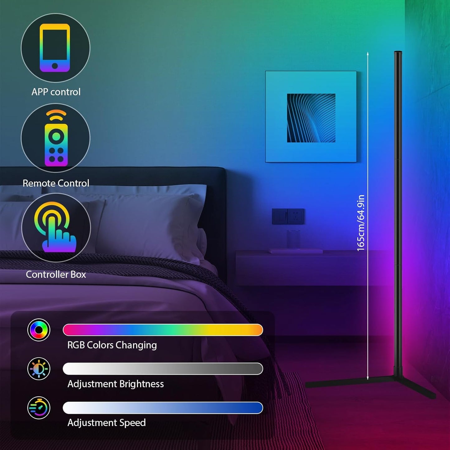 Transform Your Space with the 165CM Smart RGB LED Corner Floor Lamp - Dimmable Mood Lighting with App & Music Sync!