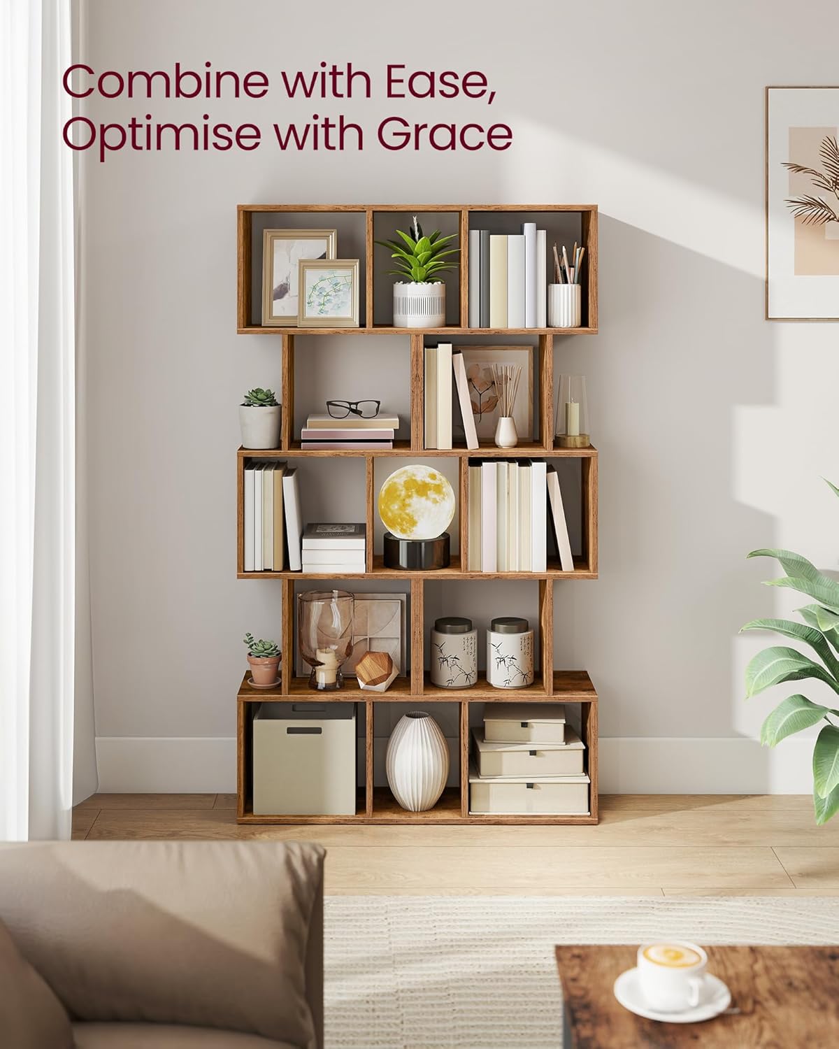 Elegant 6-Tier Rustic Brown Bookshelf - Versatile Freestanding Storage & Room Divider for Your Living Room, Bedroom or Office