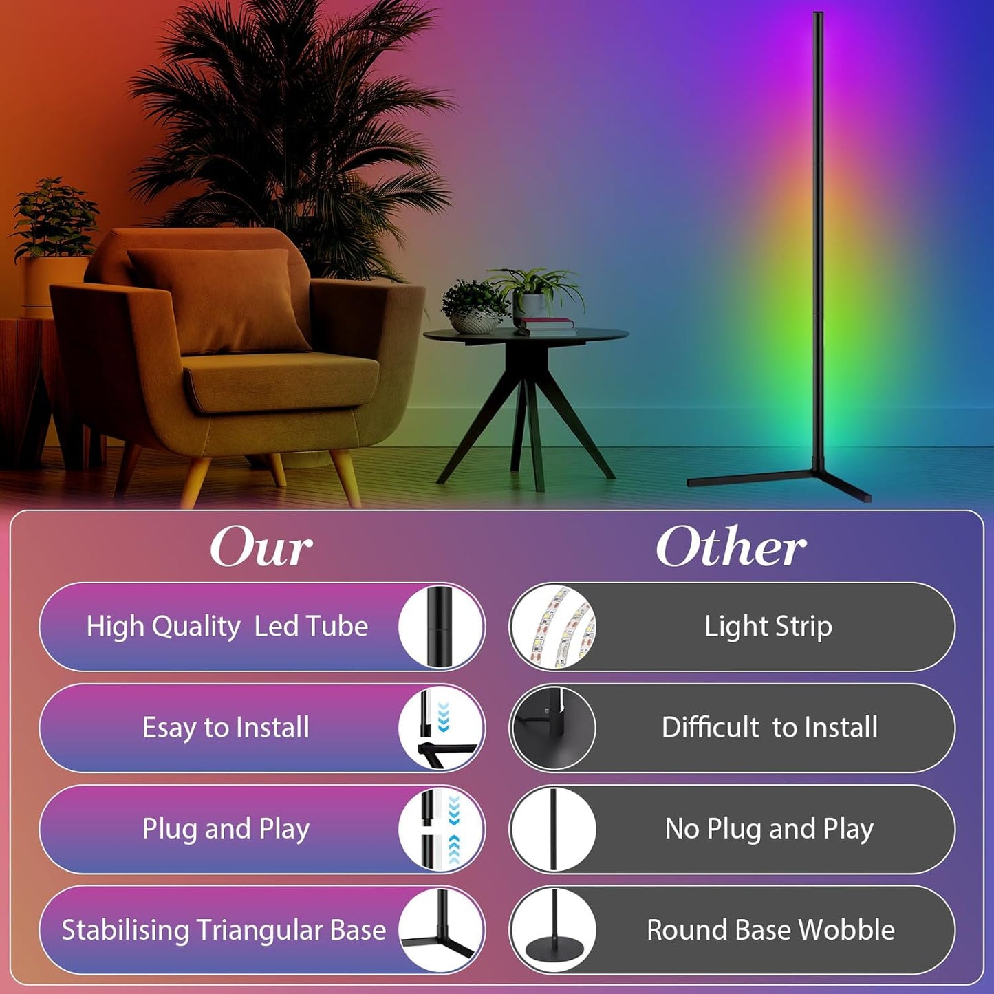 Transform Your Space with the 165CM Smart RGB LED Corner Floor Lamp - Dimmable Mood Lighting with App & Music Sync!