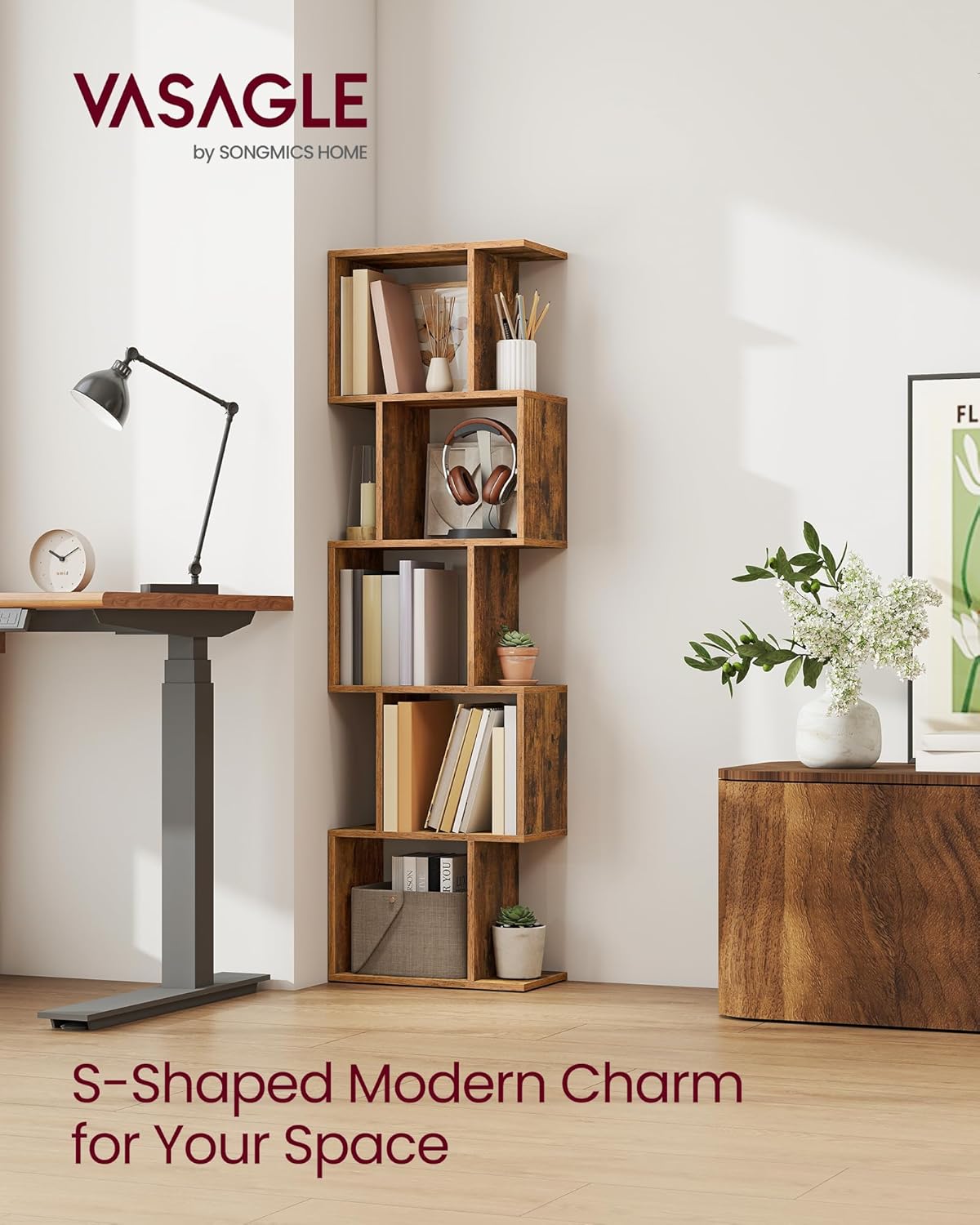 Elegant 6-Tier Rustic Brown Bookshelf - Versatile Freestanding Storage & Room Divider for Your Living Room, Bedroom or Office