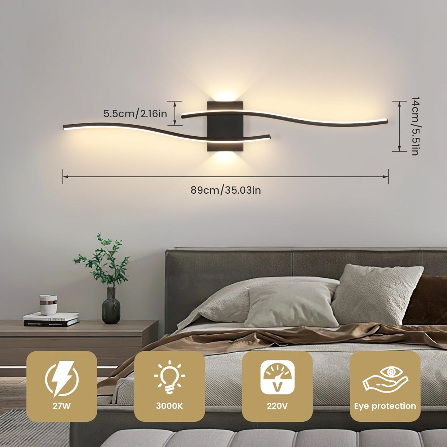 Wall Sconce Light Indoor, Black Modern LED Wall Lamp 27W 3000LM, Warm White 3000K, Aluminium LED Wall Lights for Living Room Bedroom Hallway Dining Room Staircase