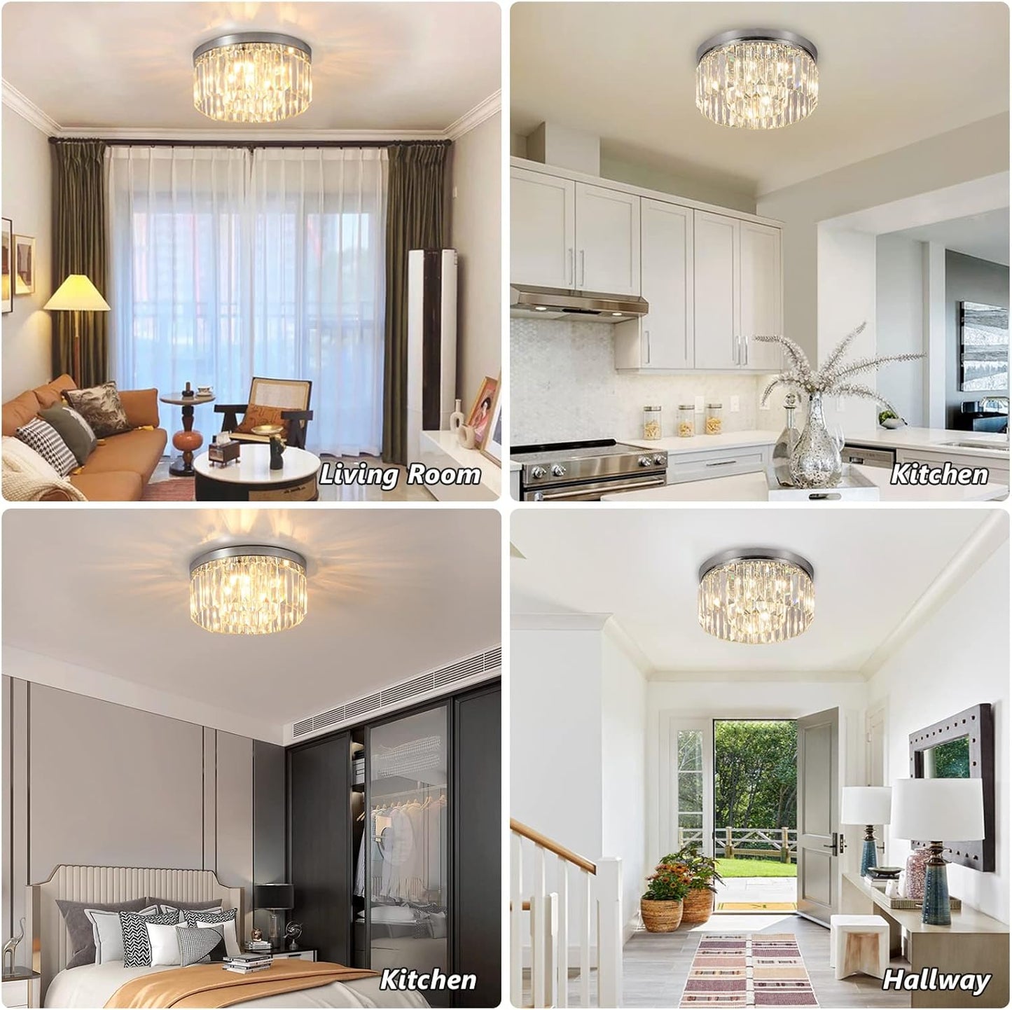 Modern Crystal Chandeliers Ceiling Lights, 2-Tiers Crystal Flush Ceiling Lights, Chrome, 6-Lights G9, Elegant Glass Crystal Chandelier Lamps for Living Room, Hall, Bathroom, Bedroom, Foyer