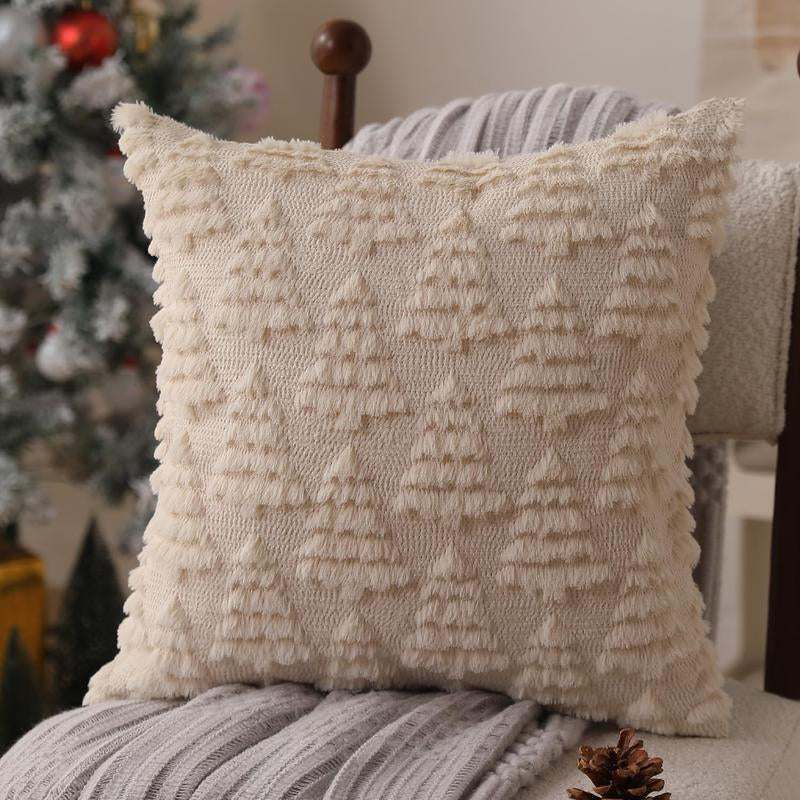 Set of 2 Beige Christmas Tree Pillow Covers ๐ โ 18ร18 Plush Faux Fur Holiday Cushions for Cozy Winter Decor.