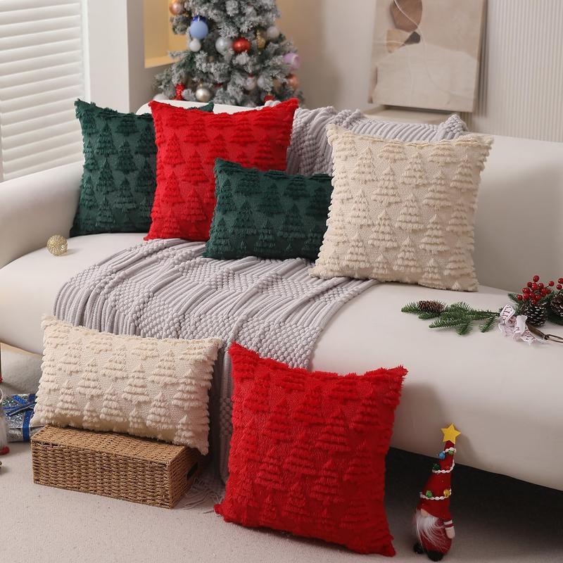 Set of 2 Beige Christmas Tree Pillow Covers ๐ โ 18ร18 Plush Faux Fur Holiday Cushions for Cozy Winter Decor.