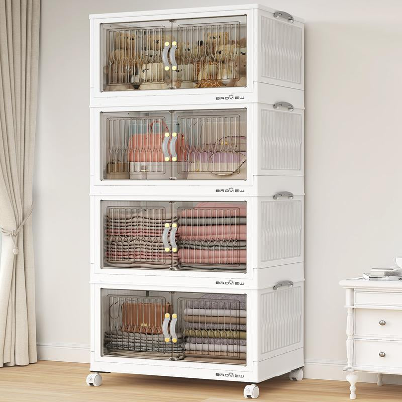 Broview Storage Bins with Lid, Stackable Storage Bins with Lids,Extra Large Closet Organizer Collapsible Drawer Boxes with Wheels, Folding Plastic Cabinet Containers for Home Kitchen Room Organization