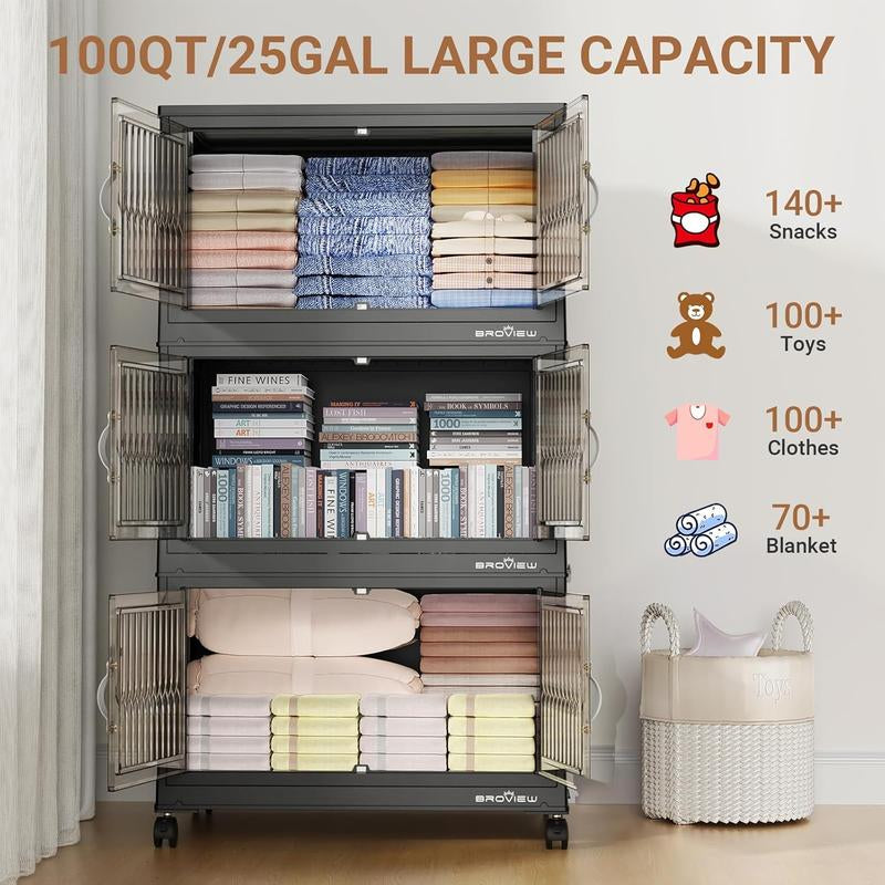 Broview Storage Bins with Lid, Stackable Storage Bins with Lids,Extra Large Closet Organizer Collapsible Drawer Boxes with Wheels, Folding Plastic Cabinet Containers for Home Kitchen Room Organization