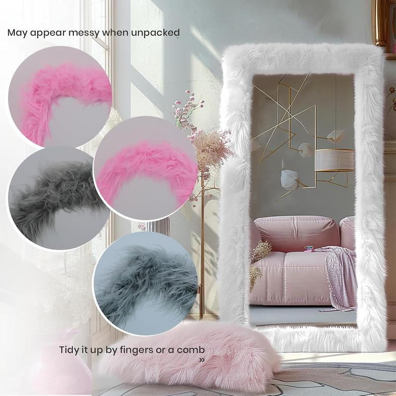 Full Length Mirror 63"X24" Free Standing Furry Floor Mirror Chic Pink Faux Fur Framed Wall Mounted Full Body Mirror Leaning Hanging Wall Mirror for Bedroom Entrance