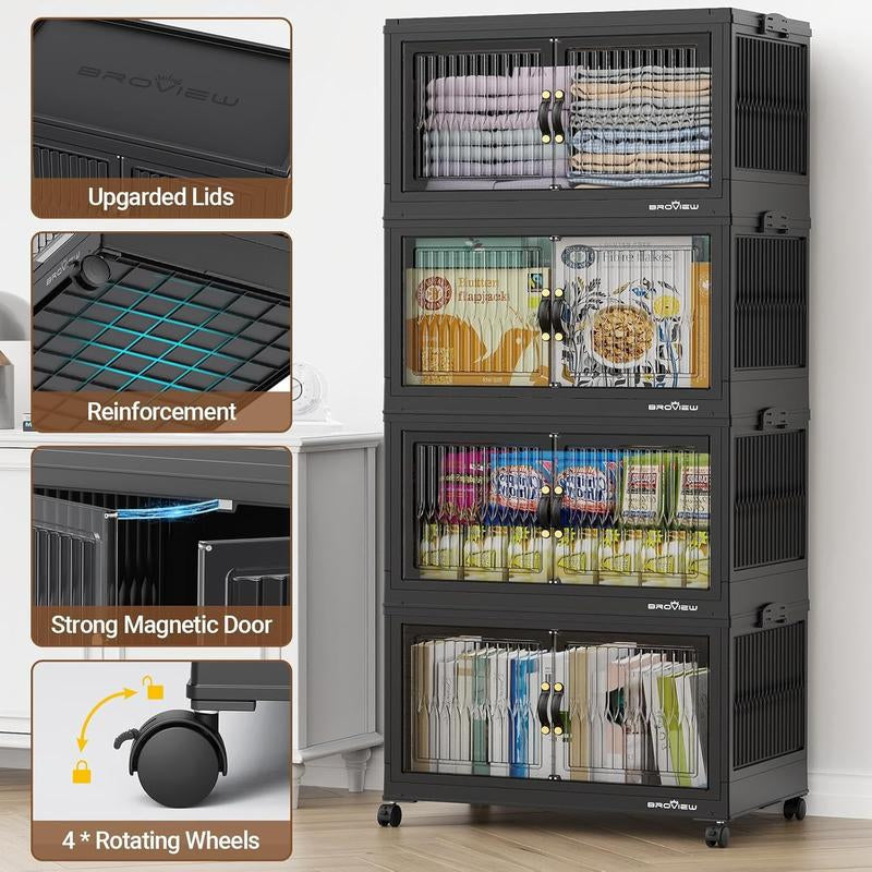 Broview Storage Bins with Lid, Stackable Storage Bins with Lids,Extra Large Closet Organizer Collapsible Drawer Boxes with Wheels, Folding Plastic Cabinet Containers for Home Kitchen Room Organization
