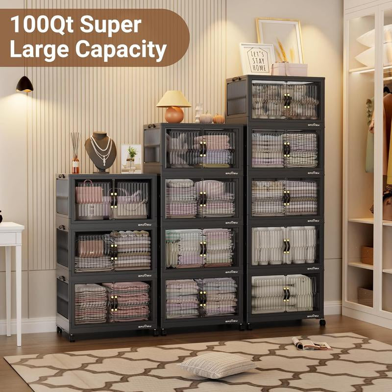 Broview Storage Bins with Lid, Stackable Storage Bins with Lids,Extra Large Closet Organizer Collapsible Drawer Boxes with Wheels, Folding Plastic Cabinet Containers for Home Kitchen Room Organization