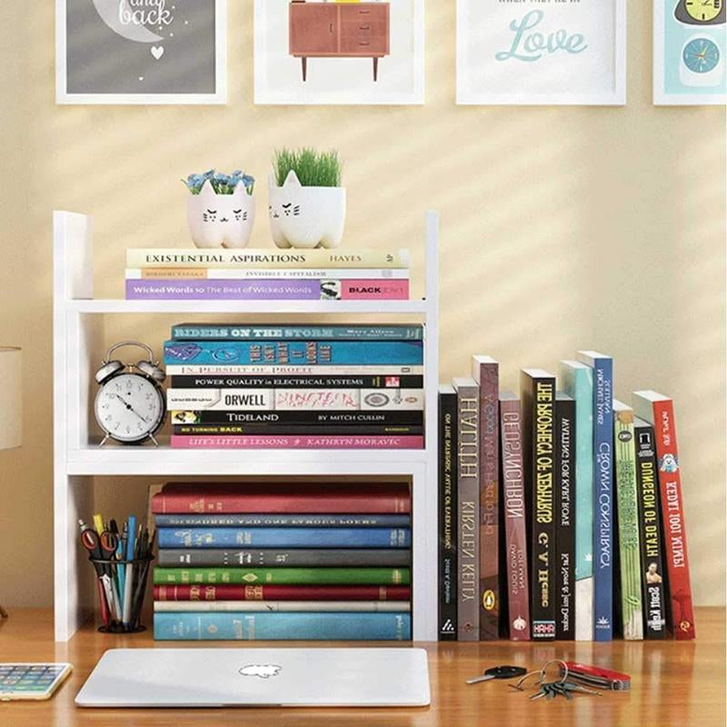 Expandable Desktop Bookshelf & Desk Organizer Shelf - Wooden Table Top Storage with Adjustable Shelves Hutch for Office Home Study Accessories