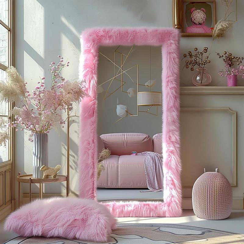 Full Length Mirror 63"X24" Free Standing Furry Floor Mirror Chic Pink Faux Fur Framed Wall Mounted Full Body Mirror Leaning Hanging Wall Mirror for Bedroom Entrance