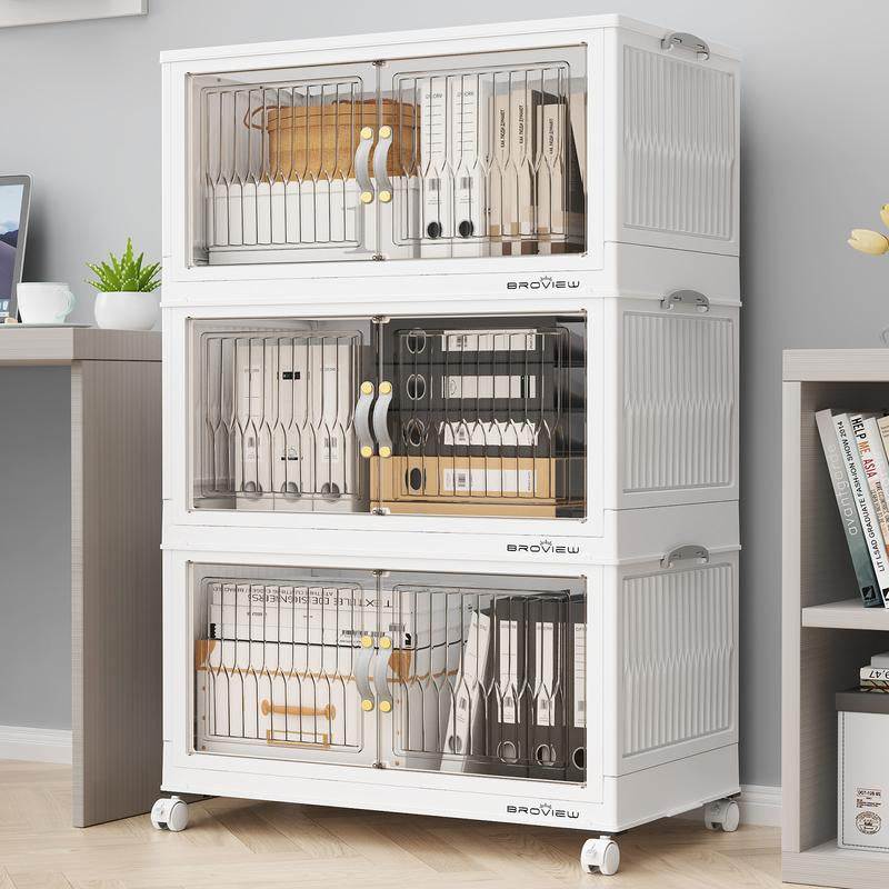 Broview Storage Bins with Lid, Stackable Storage Bins with Lids,Extra Large Closet Organizer Collapsible Drawer Boxes with Wheels, Folding Plastic Cabinet Containers for Home Kitchen Room Organization