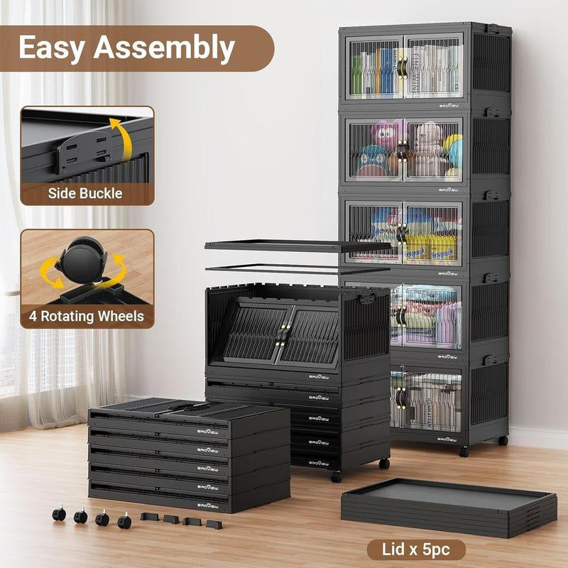 Broview Storage Bins with Lid, Stackable Storage Bins with Lids,Extra Large Closet Organizer Collapsible Drawer Boxes with Wheels, Folding Plastic Cabinet Containers for Home Kitchen Room Organization