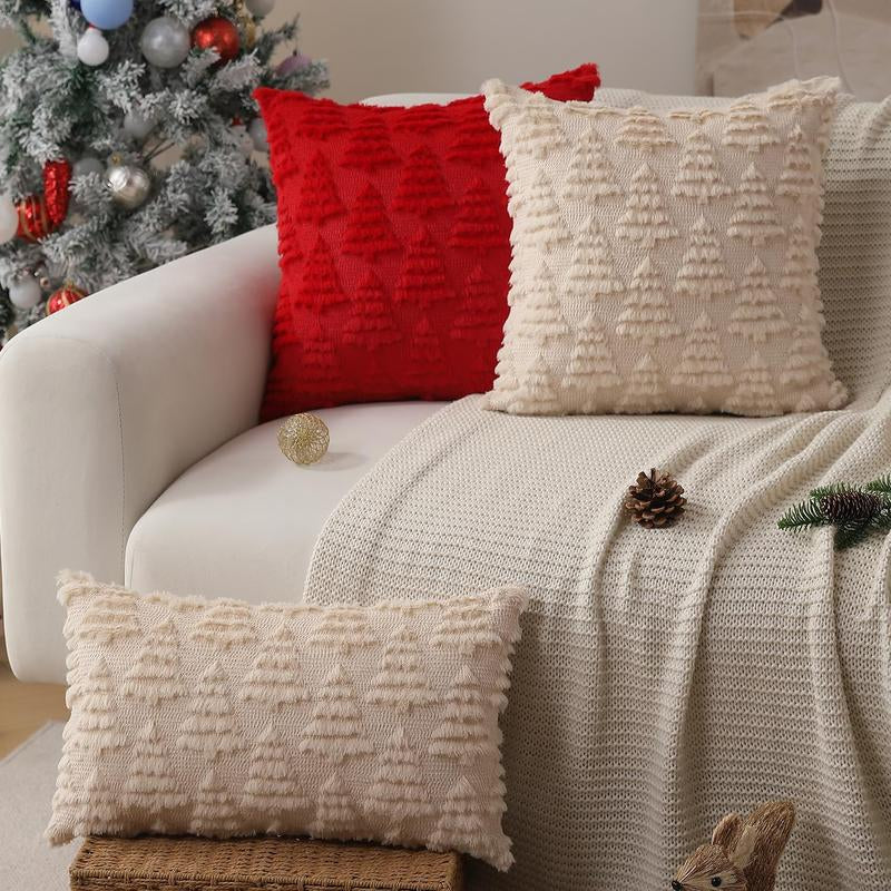 Set of 2 Beige Christmas Tree Pillow Covers ๐ โ 18ร18 Plush Faux Fur Holiday Cushions for Cozy Winter Decor.