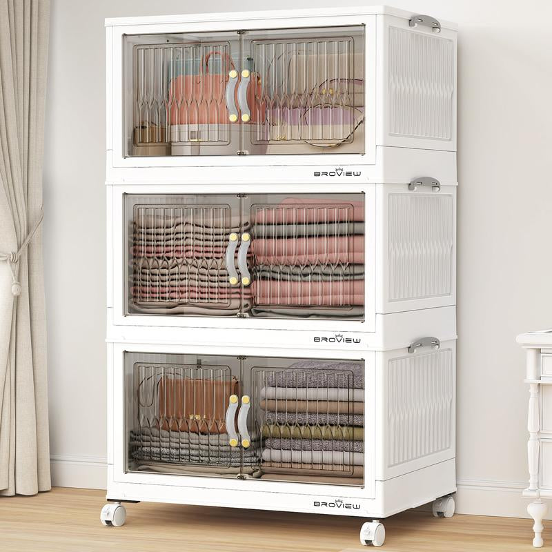 Broview Storage Bins with Lid, Stackable Storage Bins with Lids,Extra Large Closet Organizer Collapsible Drawer Boxes with Wheels, Folding Plastic Cabinet Containers for Home Kitchen Room Organization