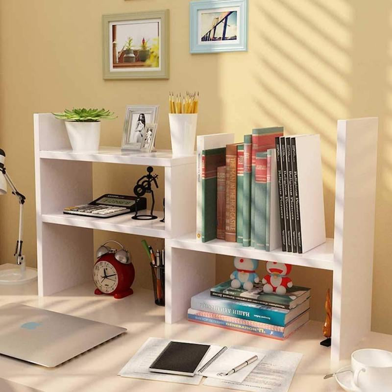 Expandable Desktop Bookshelf & Desk Organizer Shelf - Wooden Table Top Storage with Adjustable Shelves Hutch for Office Home Study Accessories