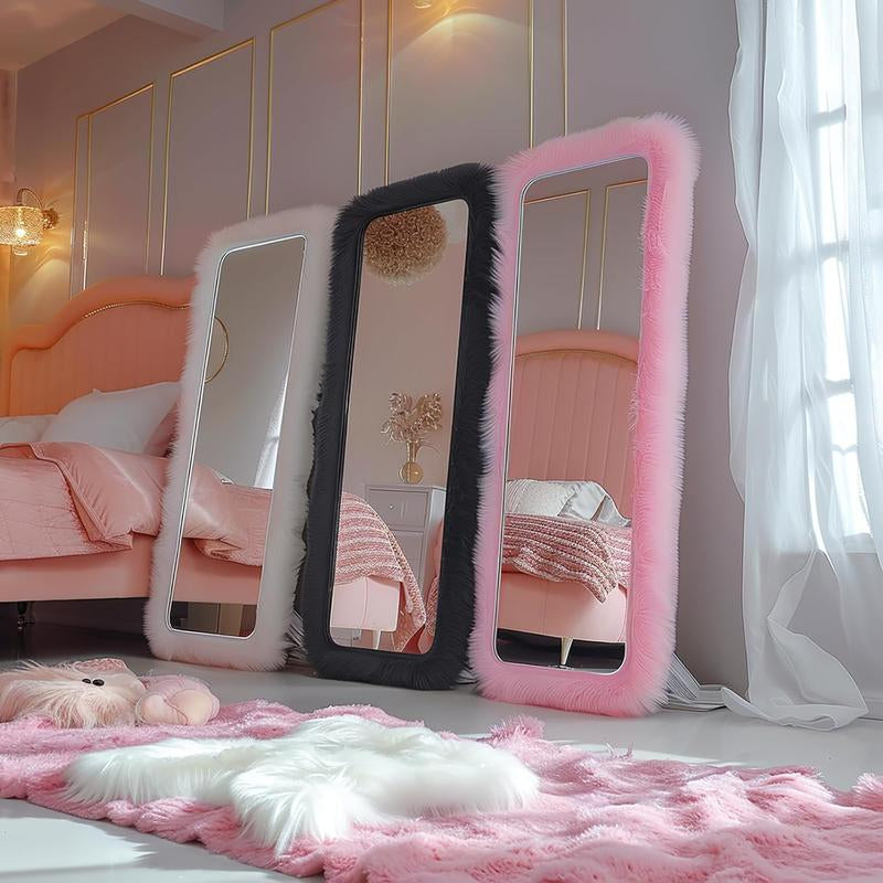 Full Length Mirror 63"X24" Free Standing Furry Floor Mirror Chic Pink Faux Fur Framed Wall Mounted Full Body Mirror Leaning Hanging Wall Mirror for Bedroom Entrance