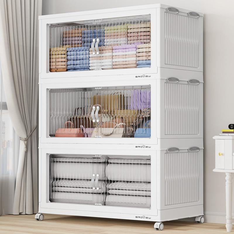 Broview Storage Bins with Lid, Stackable Storage Bins with Lids,Extra Large Closet Organizer Collapsible Drawer Boxes with Wheels, Folding Plastic Cabinet Containers for Home Kitchen Room Organization