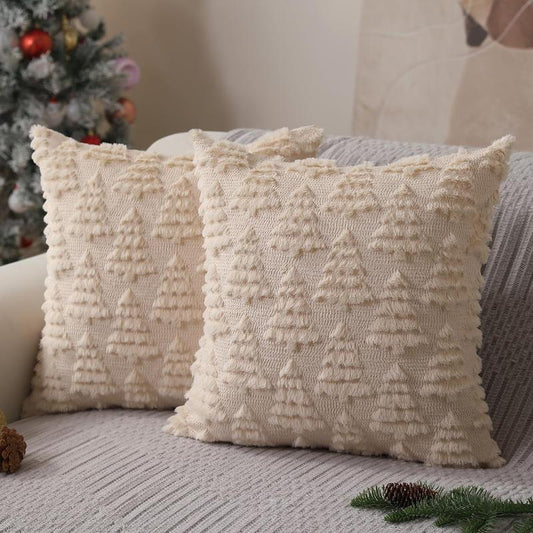 Set of 2 Beige Christmas Tree Pillow Covers 🎄 – 18×18 Plush Faux Fur Holiday Cushions for Cozy Winter Decor.