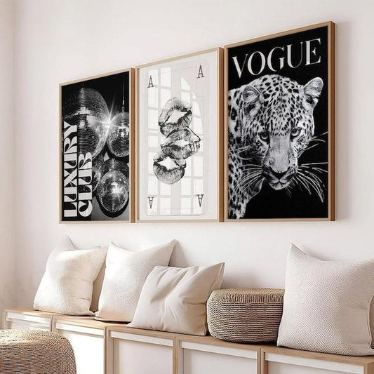 Trendy Black and White Gallery Wall Set of 3 Stylish Prints Leopard Decor Office Girly Wall Art Magazine Printable