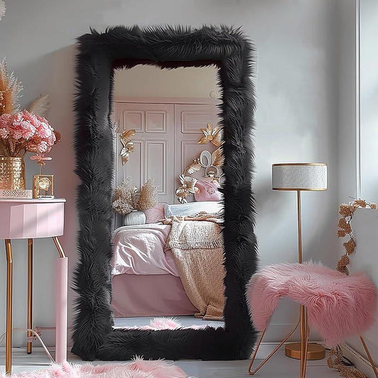 Full Length Mirror 63"X24" Free Standing Furry Floor Mirror Chic Pink Faux Fur Framed Wall Mounted Full Body Mirror Leaning Hanging Wall Mirror for Bedroom Entrance