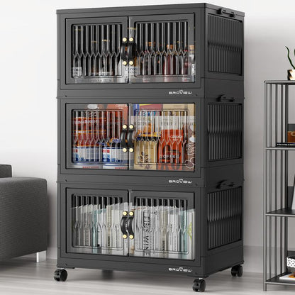 Broview Storage Bins with Lid, Stackable Storage Bins with Lids,Extra Large Closet Organizer Collapsible Drawer Boxes with Wheels, Folding Plastic Cabinet Containers for Home Kitchen Room Organization