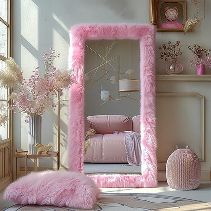 Full Length Mirror 63"X24" Free Standing Furry Floor Mirror Chic Pink Faux Fur Framed Wall Mounted Full Body Mirror Leaning Hanging Wall Mirror for Bedroom Entrance