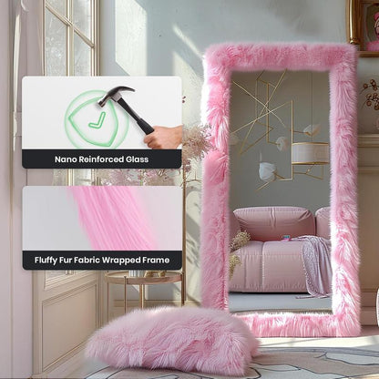 Full Length Mirror 63"X24" Free Standing Furry Floor Mirror Chic Pink Faux Fur Framed Wall Mounted Full Body Mirror Leaning Hanging Wall Mirror for Bedroom Entrance