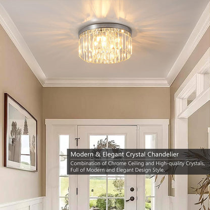 Modern Crystal Chandeliers Ceiling Lights, 2-Tiers Crystal Flush Ceiling Lights, Chrome, 6-Lights G9, Elegant Glass Crystal Chandelier Lamps for Living Room, Hall, Bathroom, Bedroom, Foyer