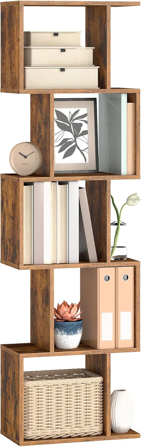 Elegant 6-Tier Rustic Brown Bookshelf - Versatile Freestanding Storage & Room Divider for Your Living Room, Bedroom or Office
