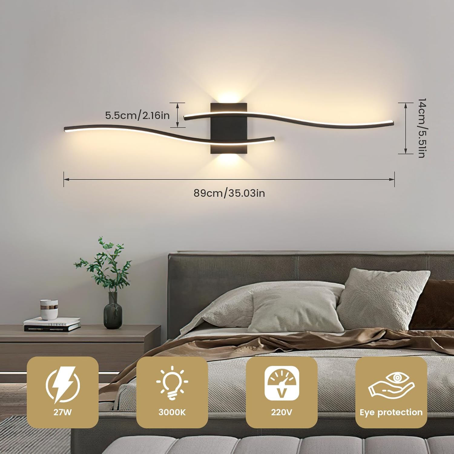 Wall Sconce Light Indoor, Black Modern LED Wall Lamp 27W 3000LM, Warm White 3000K, Aluminium LED Wall Lights for Living Room Bedroom Hallway Dining Room Staircase
