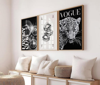 Trendy Black and White Gallery Wall Set of 3 Stylish Prints Leopard Decor Office Girly Wall Art Magazine Printable