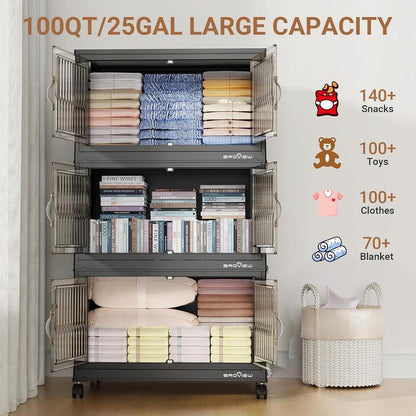 Broview Storage Bins with Lid, Stackable Storage Bins with Lids,Extra Large Closet Organizer Collapsible Drawer Boxes with Wheels, Folding Plastic Cabinet Containers for Home Kitchen Room Organization