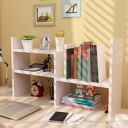 Expandable Desktop Bookshelf & Desk Organizer Shelf - Wooden Table Top Storage with Adjustable Shelves Hutch for Office Home Study Accessories