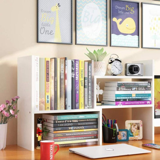 Expandable Desktop Bookshelf & Desk Organizer Shelf - Wooden Table Top Storage with Adjustable Shelves Hutch for Office Home Study Accessories